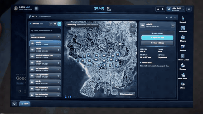 Live CCTV view and nearby vehicle plate scanning in the Police MDT