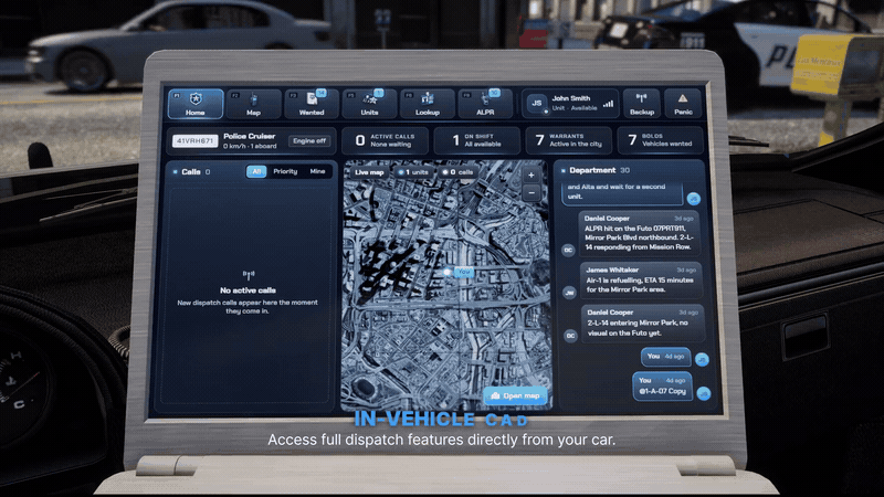 In-vehicle CAD laptop showing dispatch and patrol operations