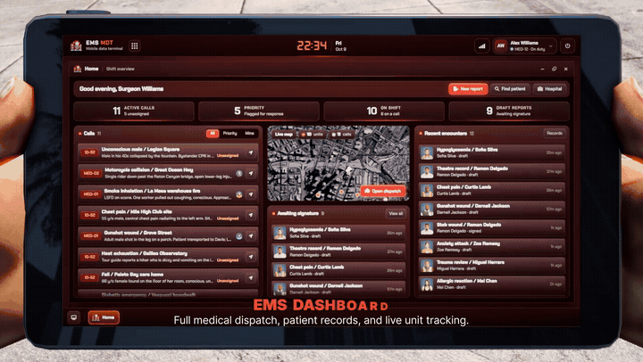 EMS MDT patient search, encounters and care-report workspace
